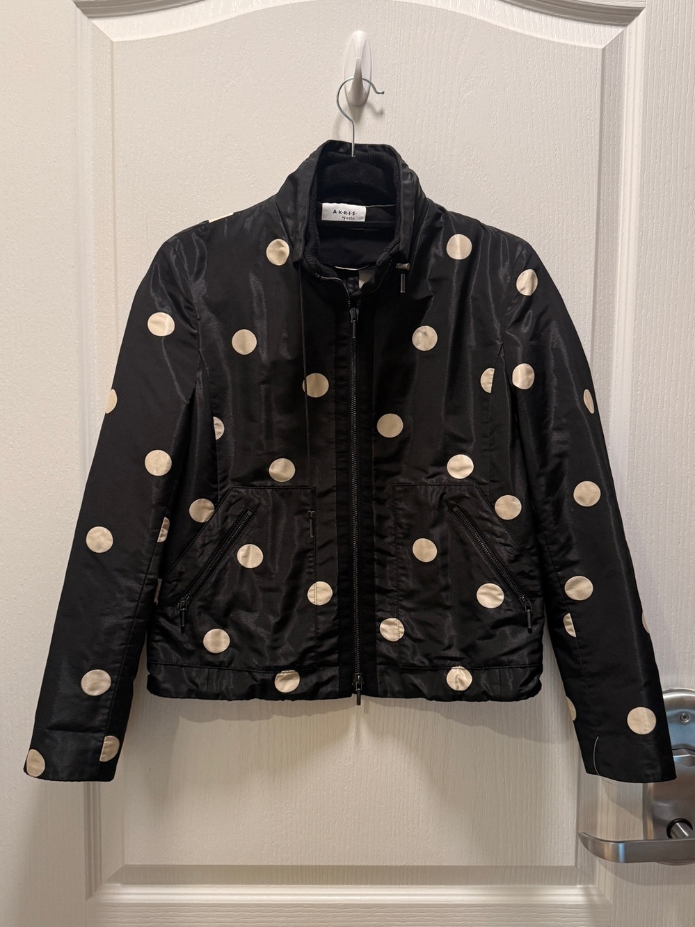 A-K-R-I-S- punto ANORAK Black Jacket with Cream Polka Dots Size 4 Preloved - Picture 1 of 5